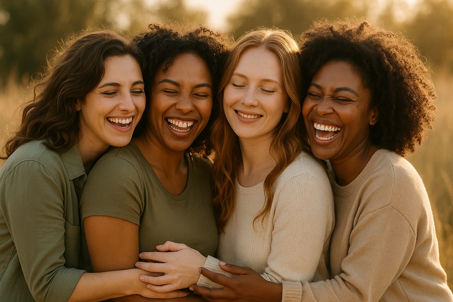 A group of women laughing together, embracing, in warm light